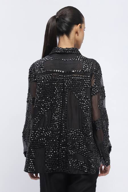 Shop Abraham And Thakore Black Organza Sequins Collared Embroidered Long Sleeve Shirt at Aza Fashions Shop_Abraham And Thakore_Black Organza Sequins Collared Embroidered Long Sleeve Shirt_at_Aza_Fashions