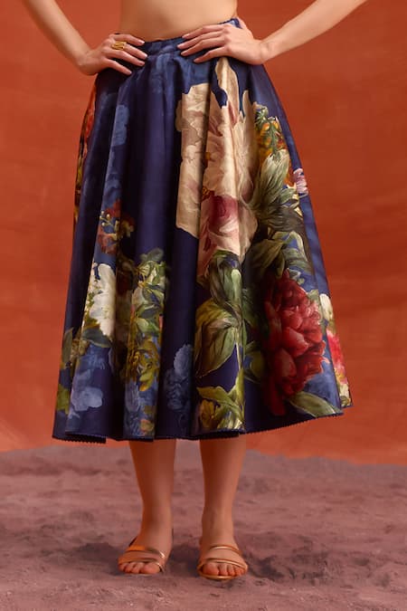 Kalista Blue Viscose, Satin Sweetheart Neck Floral Print Skirt Set Online at Aza Fashions Kalista_Blue Viscose, Satin Sweetheart Neck Floral Print Skirt Set _Online_at_Aza_Fashions