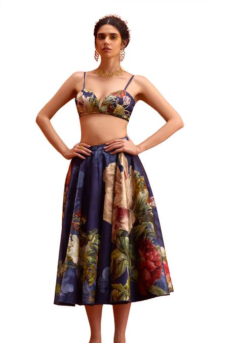 Buy Kalista Blue Viscose, Satin Sweetheart Neck Floral Print Skirt Set Online at Aza Fashions Buy_Kalista_Blue Viscose, Satin Sweetheart Neck Floral Print Skirt Set _Online_at_Aza_Fashions
