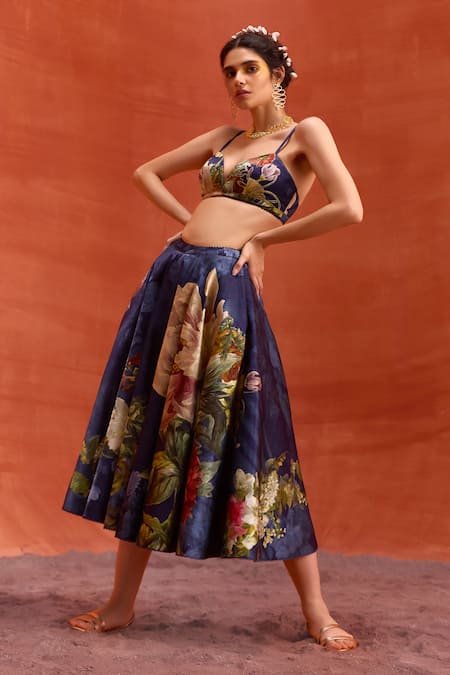 Shop Kalista Blue Viscose, Satin Sweetheart Neck Floral Print Skirt Set Online at Aza Fashions Shop_Kalista_Blue Viscose, Satin Sweetheart Neck Floral Print Skirt Set _Online_at_Aza_Fashions