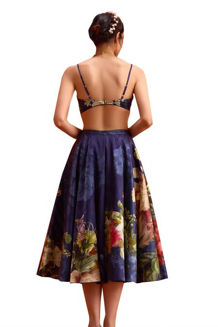 Kalista Blue Viscose, Satin Sweetheart Neck Floral Print Skirt Set at Aza Fashions Kalista_Blue Viscose, Satin Sweetheart Neck Floral Print Skirt Set _at_Aza_Fashions