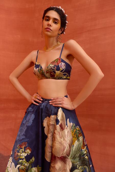 Buy Kalista Blue Viscose, Satin Sweetheart Neck Floral Print Skirt Set Buy_Kalista_Blue Viscose, Satin Sweetheart Neck Floral Print Skirt Set