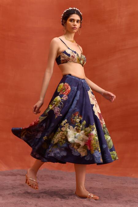 Shop Kalista Blue Viscose, Satin Sweetheart Neck Floral Print Skirt Set Shop_Kalista_Blue Viscose, Satin Sweetheart Neck Floral Print Skirt Set