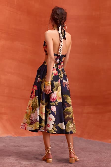Kalista_Blue Viscose, Silk Halter Neck Rosalie Printed Skirt Set _Online_at_Aza_Fashions