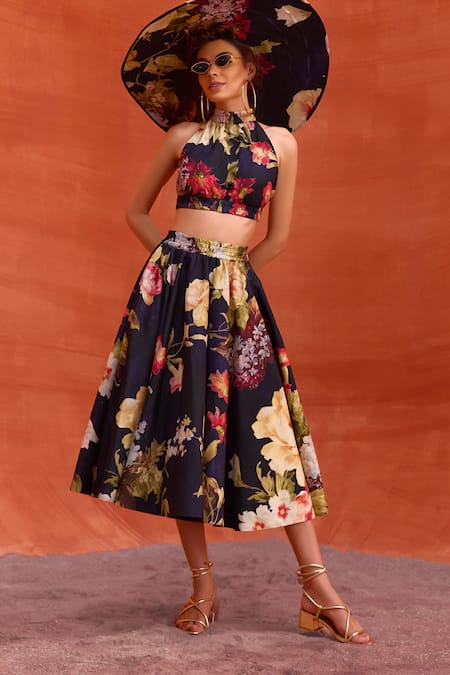 Buy_Kalista_Blue Viscose, Silk Halter Neck Rosalie Printed Skirt Set _Online_at_Aza_Fashions
