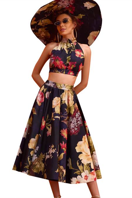 Shop_Kalista_Blue Viscose, Silk Halter Neck Rosalie Printed Skirt Set _Online_at_Aza_Fashions