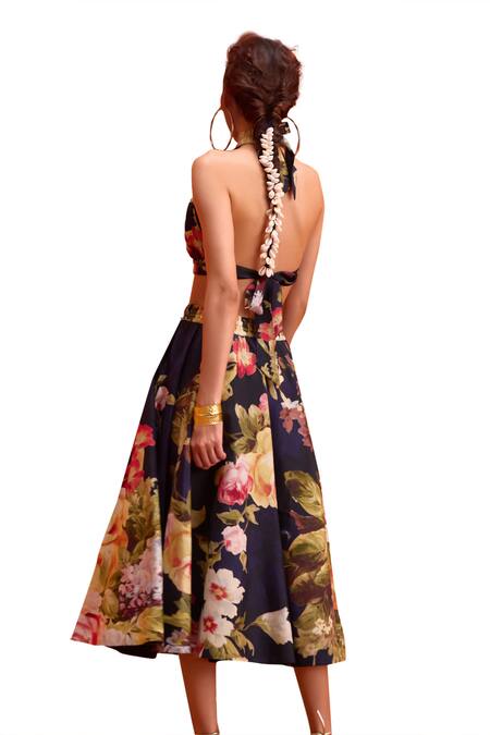 Kalista_Blue Viscose, Silk Halter Neck Rosalie Printed Skirt Set _at_Aza_Fashions