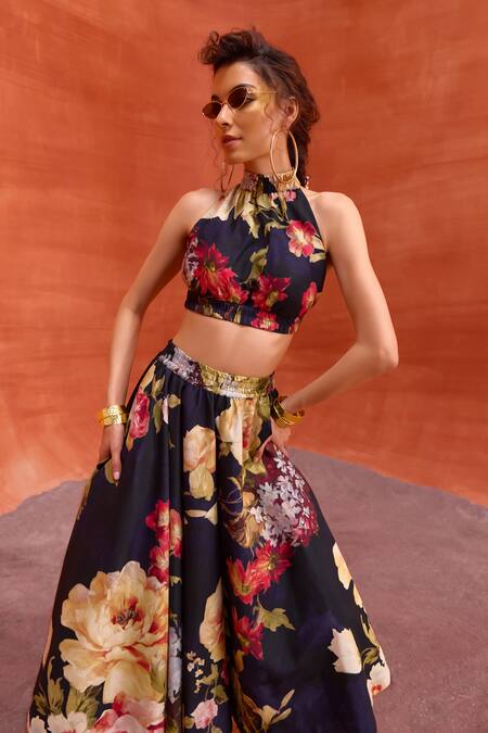 Buy_Kalista_Blue Viscose, Silk Halter Neck Rosalie Printed Skirt Set 