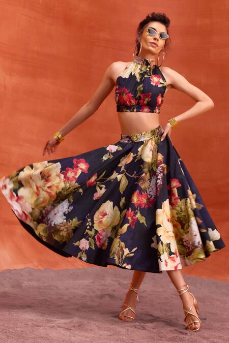 Shop_Kalista_Blue Viscose, Silk Halter Neck Rosalie Printed Skirt Set 