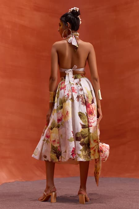 Kalista_White Viscose, Silk Halter Neck Rosalie Printed Skirt Set _Online_at_Aza_Fashions