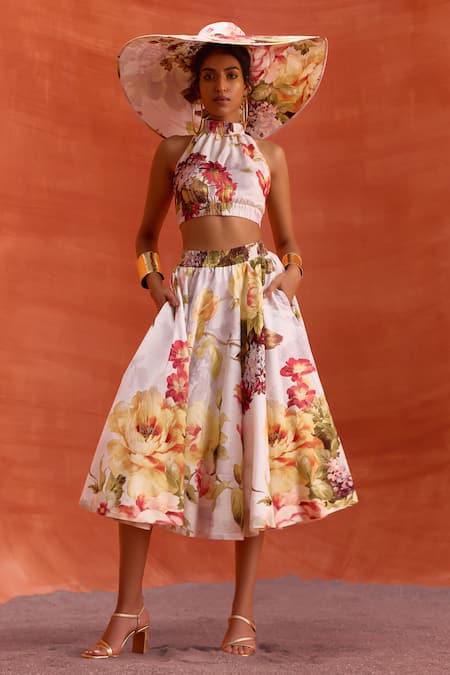 Buy_Kalista_White Viscose, Silk Halter Neck Rosalie Printed Skirt Set _Online_at_Aza_Fashions