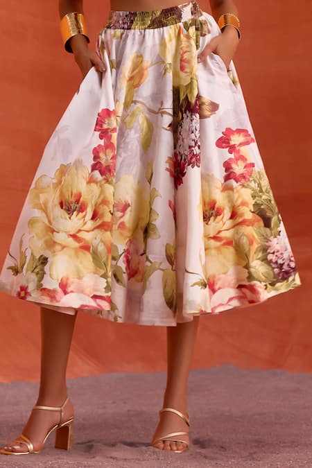 Shop_Kalista_White Viscose, Silk Halter Neck Rosalie Printed Skirt Set _Online_at_Aza_Fashions