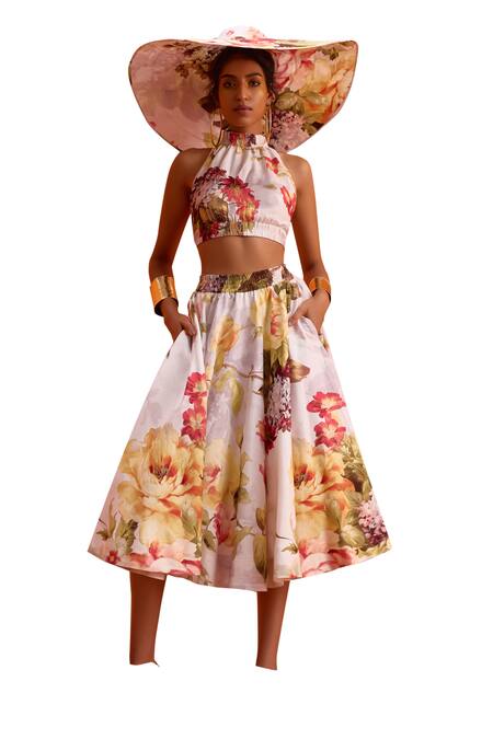 Kalista_White Viscose, Silk Halter Neck Rosalie Printed Skirt Set _at_Aza_Fashions