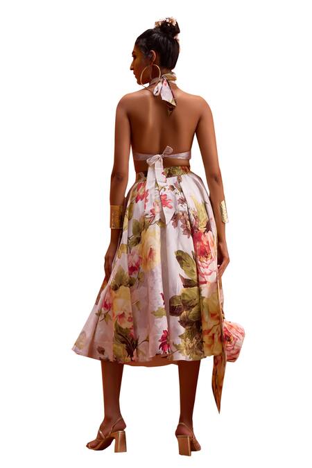 Buy_Kalista_White Viscose, Silk Halter Neck Rosalie Printed Skirt Set 