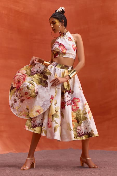 Shop_Kalista_White Viscose, Silk Halter Neck Rosalie Printed Skirt Set 