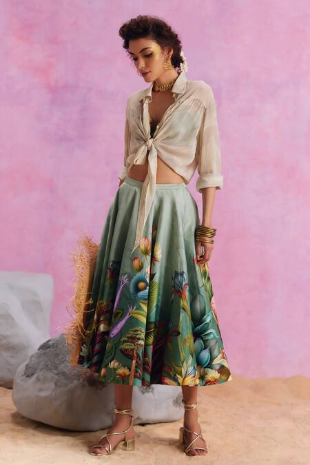 Kalista_Green Viscose, Satin Collared Amelia Floral Pattern Skirt Set _at_Aza_Fashions