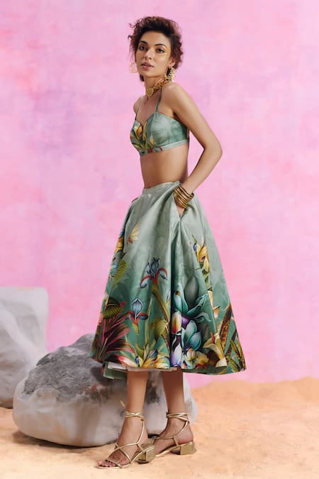 Shop_Kalista_Green Viscose, Satin Collared Amelia Floral Pattern Skirt Set 