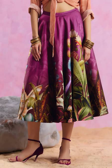Shop_Kalista_Purple Viscose, Satin Collared Amelia Floral Pattern Skirt Set _Online_at_Aza_Fashions