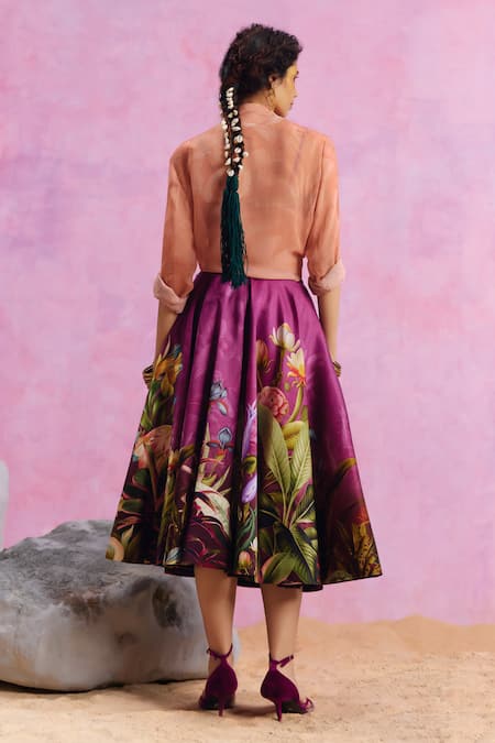 Buy_Kalista_Purple Viscose, Satin Collared Amelia Floral Pattern Skirt Set 