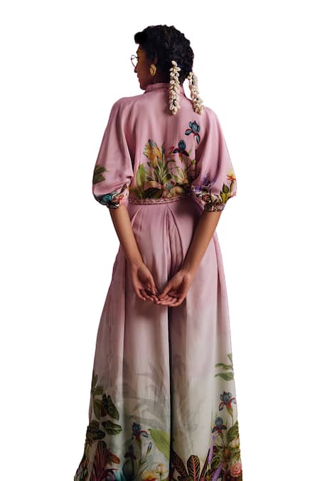 Shop_Kalista_Pink Viscose, Crepe Embroidery Collared, V-neck Ciara Floral Pattern Jumpsuit _Online_at_Aza_Fashions