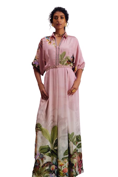 Kalista_Pink Viscose, Crepe Embroidery Collared, V-neck Ciara Floral Pattern Jumpsuit _at_Aza_Fashions