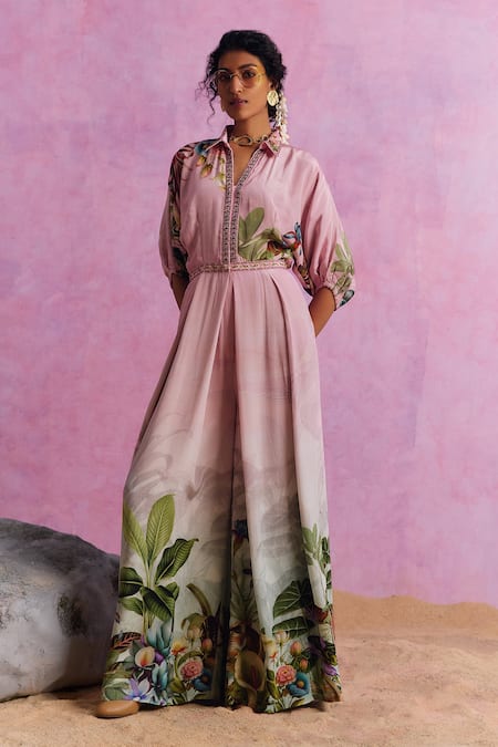 Shop_Kalista_Pink Viscose, Crepe Embroidery Collared, V-neck Ciara Floral Pattern Jumpsuit 
