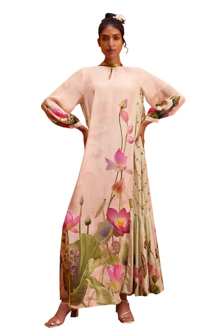 Kalista Ivory Viscose, Crepe Round Neck Naira Jalabiya Lotus Bloom Print Maxi Dress Online at Aza Fashions Kalista_Ivory Viscose, Crepe Round Neck Naira Jalabiya Lotus Bloom Print Maxi Dress _Online_at_Aza_Fashions