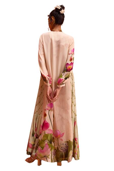 Shop Kalista Ivory Viscose, Crepe Round Neck Naira Jalabiya Lotus Bloom Print Maxi Dress Online at Aza Fashions Shop_Kalista_Ivory Viscose, Crepe Round Neck Naira Jalabiya Lotus Bloom Print Maxi Dress _Online_at_Aza_Fashions