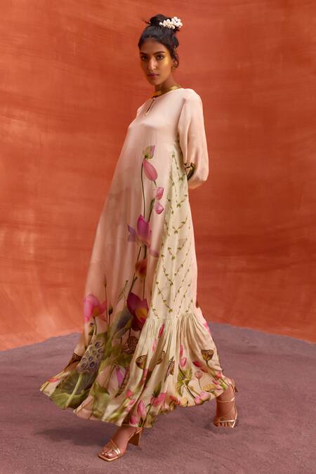 Kalista Ivory Viscose, Crepe Round Neck Naira Jalabiya Lotus Bloom Print Maxi Dress at Aza Fashions Kalista_Ivory Viscose, Crepe Round Neck Naira Jalabiya Lotus Bloom Print Maxi Dress _at_Aza_Fashions