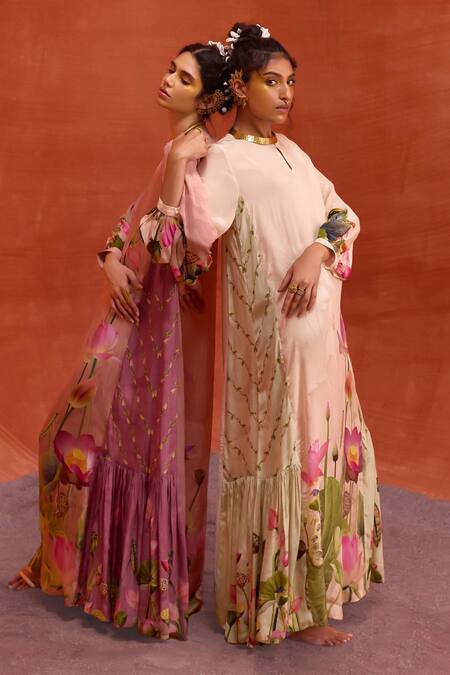 Buy Kalista Ivory Viscose, Crepe Round Neck Naira Jalabiya Lotus Bloom Print Maxi Dress Buy_Kalista_Ivory Viscose, Crepe Round Neck Naira Jalabiya Lotus Bloom Print Maxi Dress