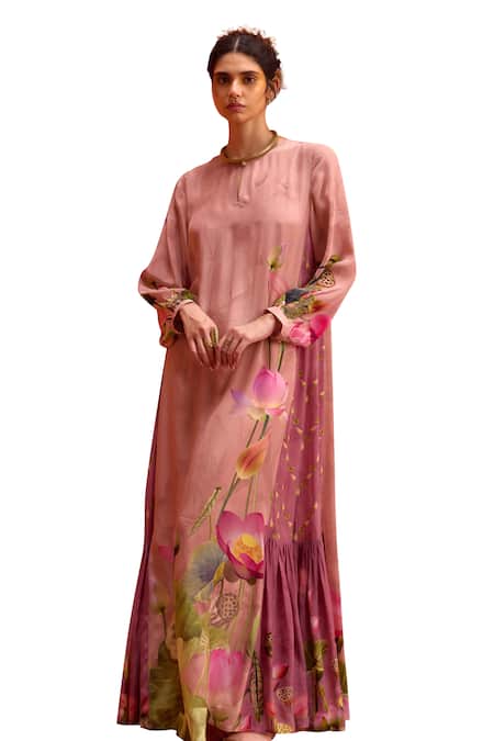 Kalista_Pink Viscose, Crepe Round Neck Naira Jalabiya Lotus Bloom Print Maxi Dress _Online_at_Aza_Fashions
