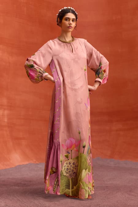 Buy_Kalista_Pink Viscose, Crepe Round Neck Naira Jalabiya Lotus Bloom Print Maxi Dress _Online_at_Aza_Fashions