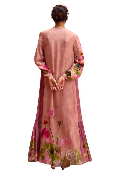 Shop_Kalista_Pink Viscose, Crepe Round Neck Naira Jalabiya Lotus Bloom Print Maxi Dress _Online_at_Aza_Fashions