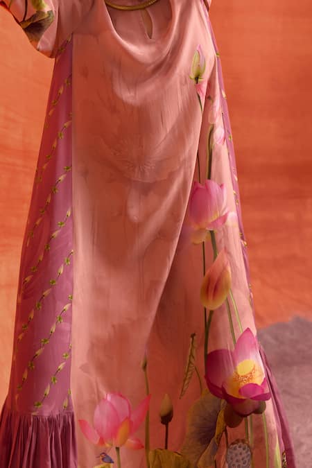 Kalista_Pink Viscose, Crepe Round Neck Naira Jalabiya Lotus Bloom Print Maxi Dress _at_Aza_Fashions