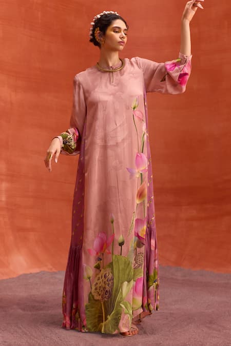 Buy_Kalista_Pink Viscose, Crepe Round Neck Naira Jalabiya Lotus Bloom Print Maxi Dress 