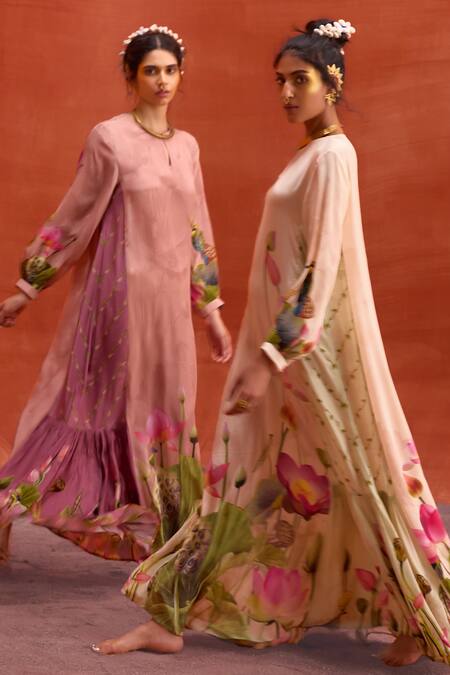 Shop_Kalista_Pink Viscose, Crepe Round Neck Naira Jalabiya Lotus Bloom Print Maxi Dress 