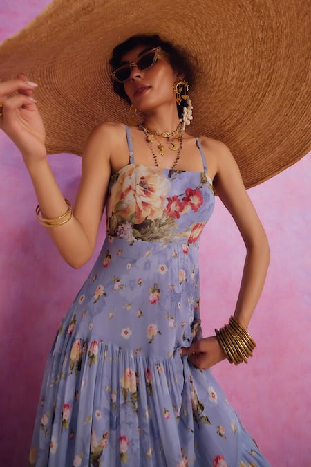 Shop Kalista Purple Viscose Georgette Square Neck Urika Floral Pattern Maxi Dress Online at Aza Fashions Shop_Kalista_Purple Viscose Georgette Square Neck Urika Floral Pattern Maxi Dress _Online_at_Aza_Fashions