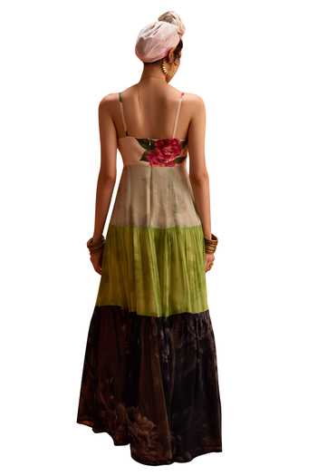 Buy_Kalista_Multi Color Georgette, Viscose Square Neck Maria Blocked Tiered Maxi Dress _Online_at_Aza_Fashions