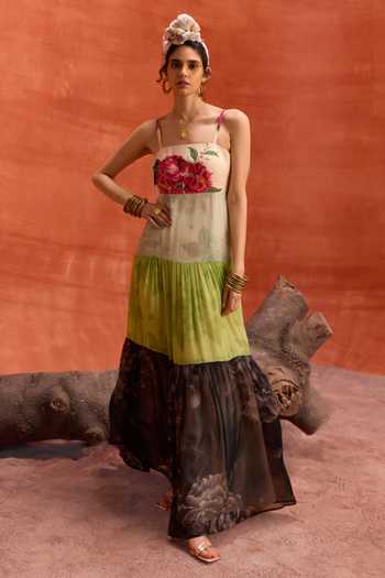 Shop_Kalista_Multi Color Georgette, Viscose Square Neck Maria Blocked Tiered Maxi Dress _Online_at_Aza_Fashions
