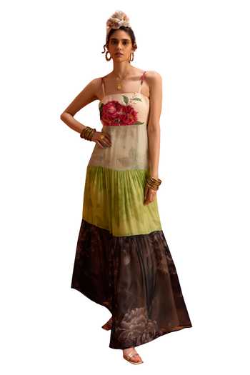 Kalista_Multi Color Georgette, Viscose Square Neck Maria Blocked Tiered Maxi Dress _at_Aza_Fashions
