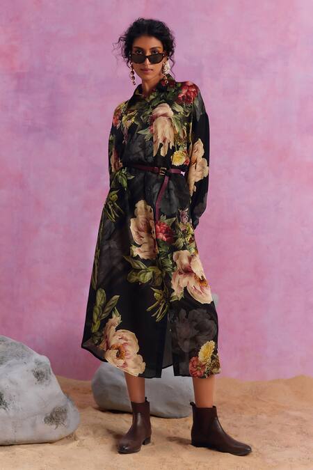 Kalista_Black Viscose, Satin Collared Melinda Shirt Dress _at_Aza_Fashions