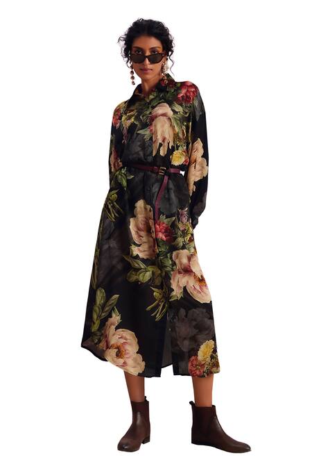 Buy_Kalista_Black Viscose, Satin Collared Melinda Shirt Dress 