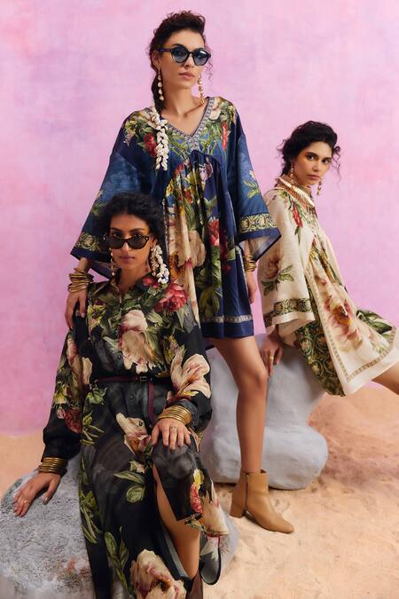 Shop_Kalista_Black Viscose, Satin Collared Melinda Shirt Dress 