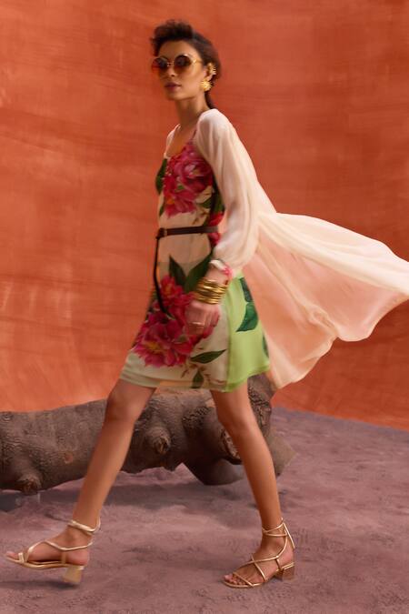 Buy_Kalista_Multi Color Viscose, Georgette Round Neck Rosalia Dress With Sheer Cape _Online_at_Aza_Fashions