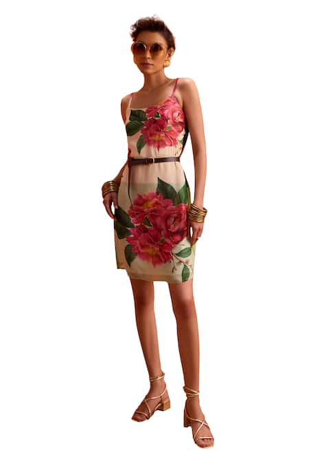 Kalista_Multi Color Viscose, Georgette Round Neck Rosalia Dress With Sheer Cape _at_Aza_Fashions