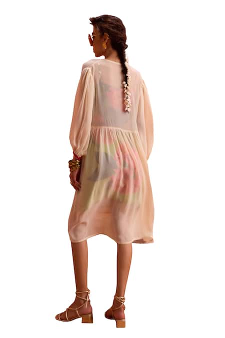 Buy_Kalista_Multi Color Viscose, Georgette Round Neck Rosalia Dress With Sheer Cape 