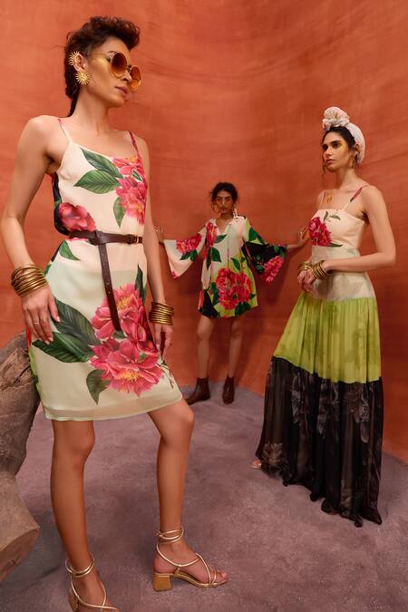 Shop_Kalista_Multi Color Viscose, Georgette Round Neck Rosalia Dress With Sheer Cape 