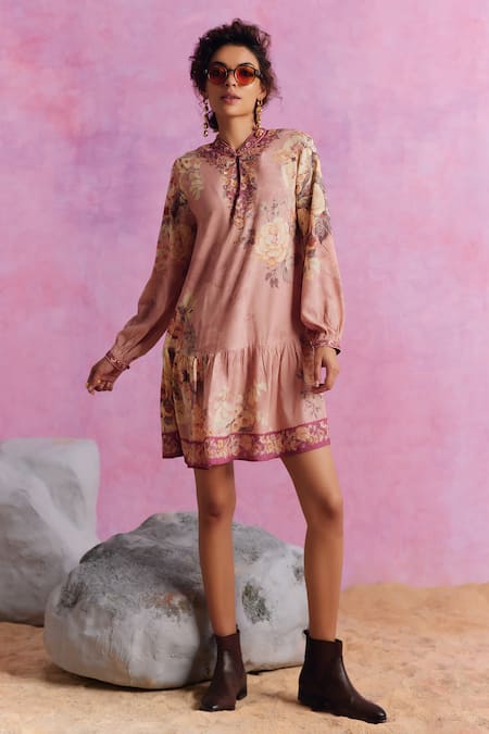Kalista Pink Viscose Modal Embroidered Mandarin Collar Tiffiny Floral Pattern Dress