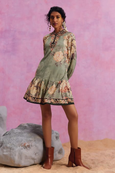 Kalista Grey Viscose Modal Embroidered Mandarin Collar Tiffiny Floral Short Dress