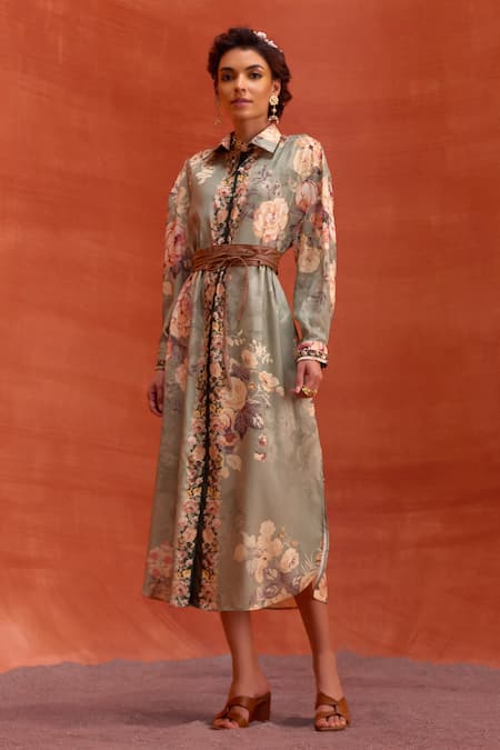 Kalista Grey Viscose Modal Collared Tiffiny Floral Pattern Shirt Dress